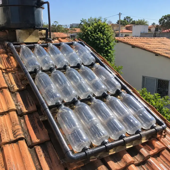 Aquecedor solar de garrafas PET conectado à caixa d'água